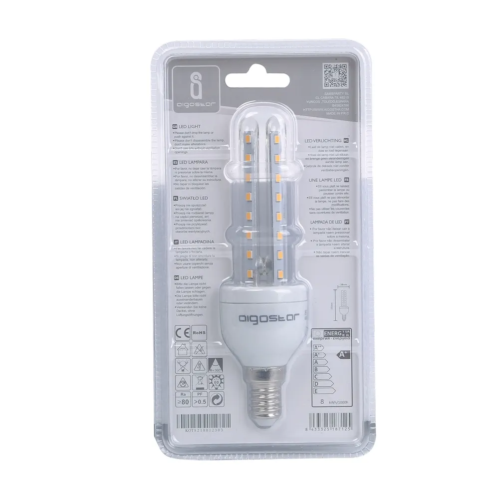 Lampadina Led E14 a tubo a U 8W Bianco caldo 3000K Aigostar