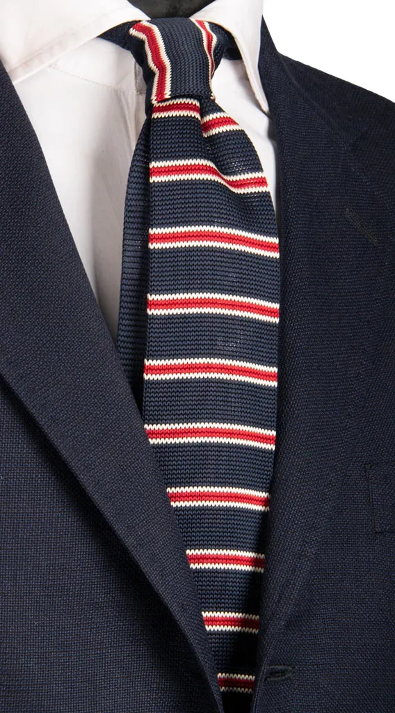 Man Blue Tricot Knitted Silk Tie Red White Stripes Tri434