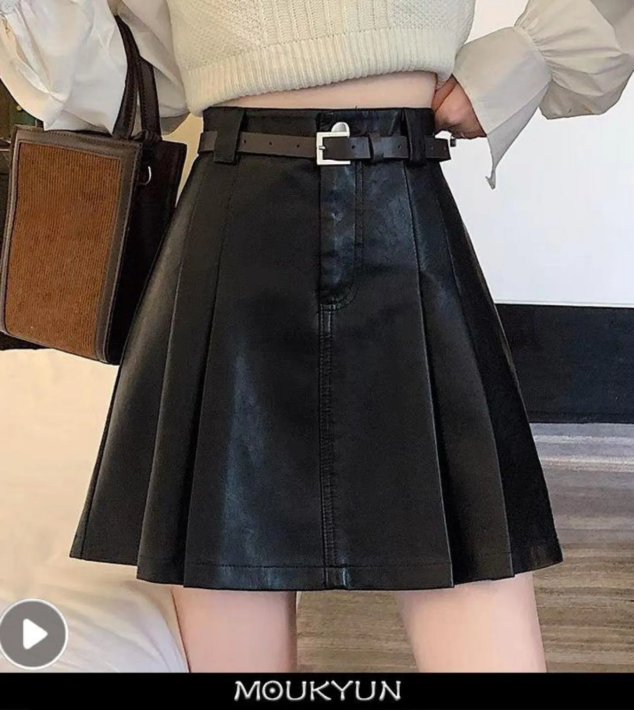 Moukyun albicocca Pu gonna a pieghe donna inverno tinta unita in ecopelle gonne con cintura moda gonna minigonna femminile