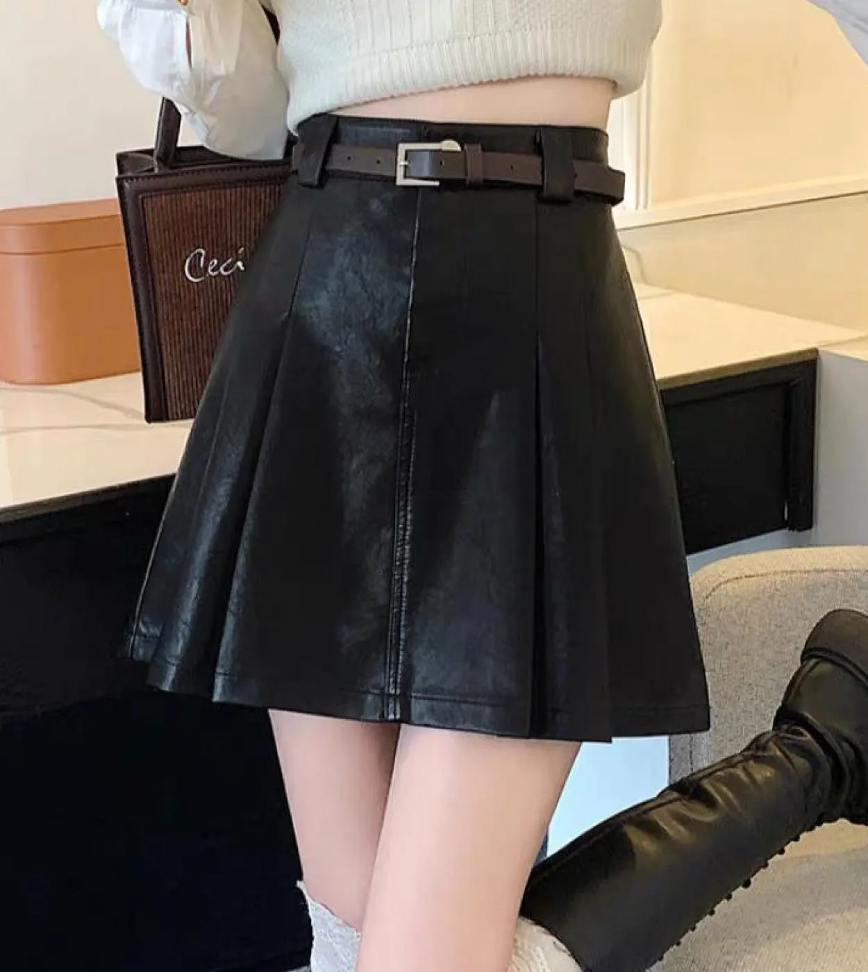Moukyun albicocca Pu gonna a pieghe donna inverno tinta unita in ecopelle gonne con cintura moda gonna minigonna femminile