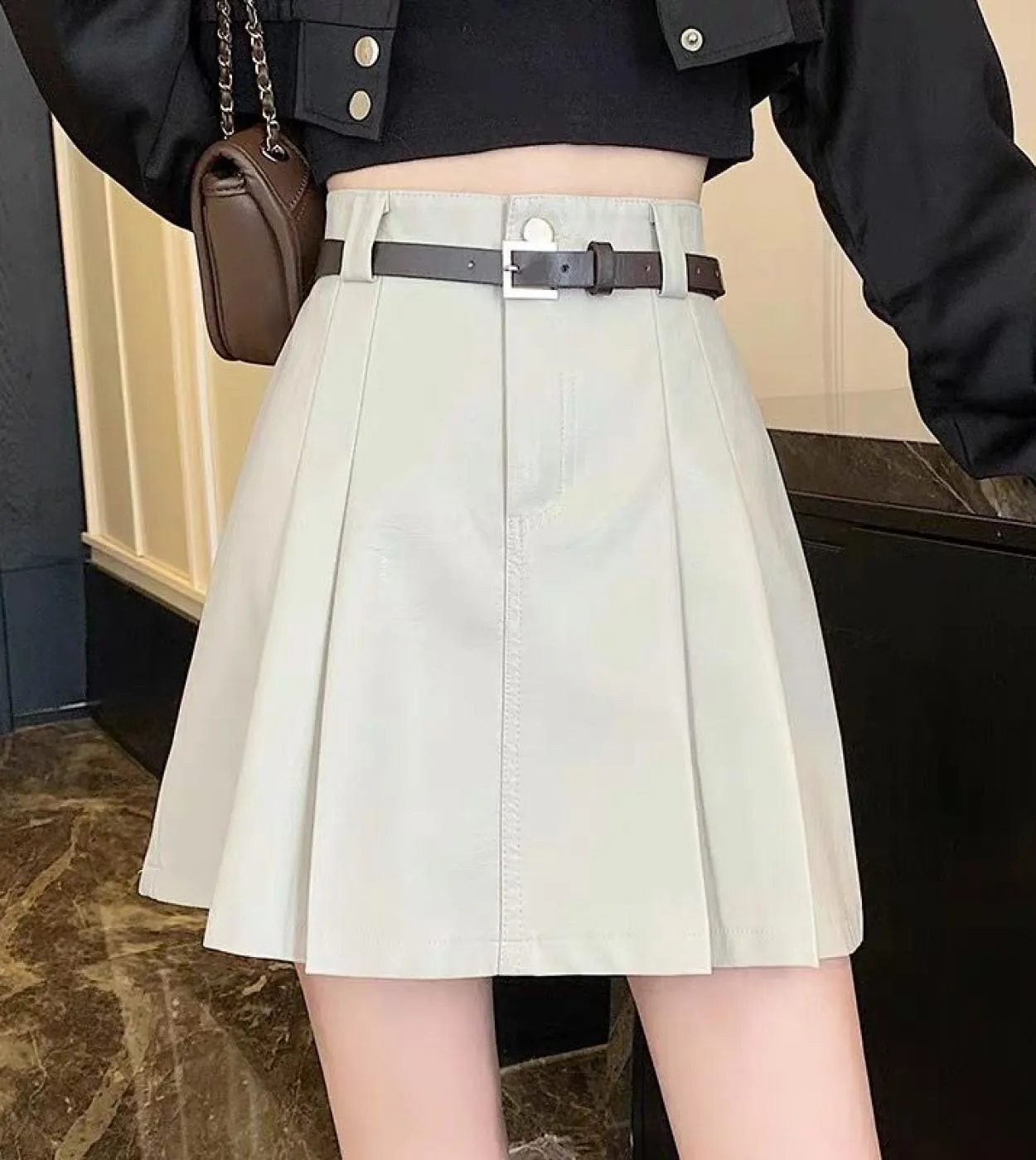 Moukyun albicocca Pu gonna a pieghe donna inverno tinta unita in ecopelle gonne con cintura moda gonna minigonna femminile