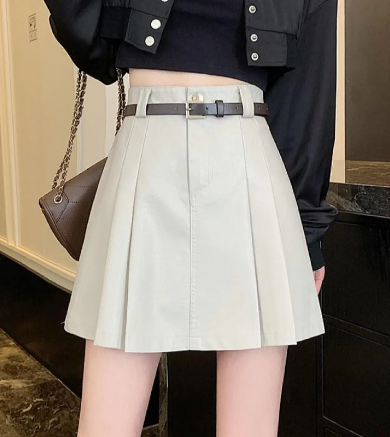 Moukyun albicocca Pu gonna a pieghe donna inverno tinta unita in ecopelle gonne con cintura moda gonna minigonna femminile