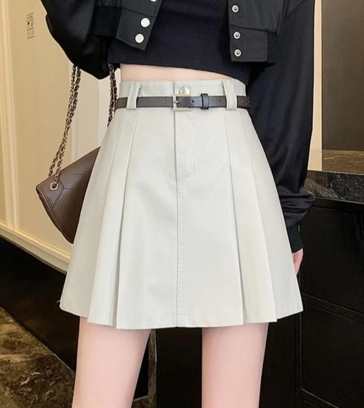Moukyun albicocca Pu gonna a pieghe donna inverno tinta unita in ecopelle gonne con cintura moda gonna minigonna femminile