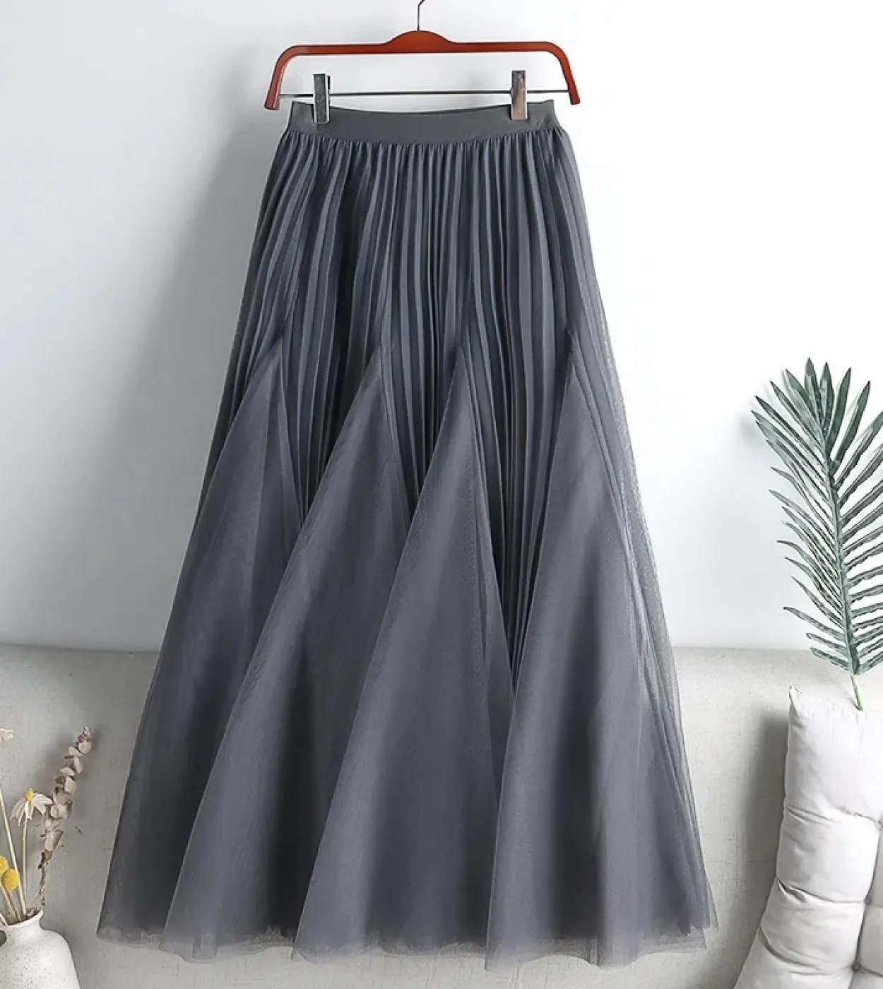 Moukyun Donna Vita alta Gonna a trapezio Primavera Estate Stile Elegante Gonna in pizzo 3 strati Mesh Tulle Gonne lunghe a piegh