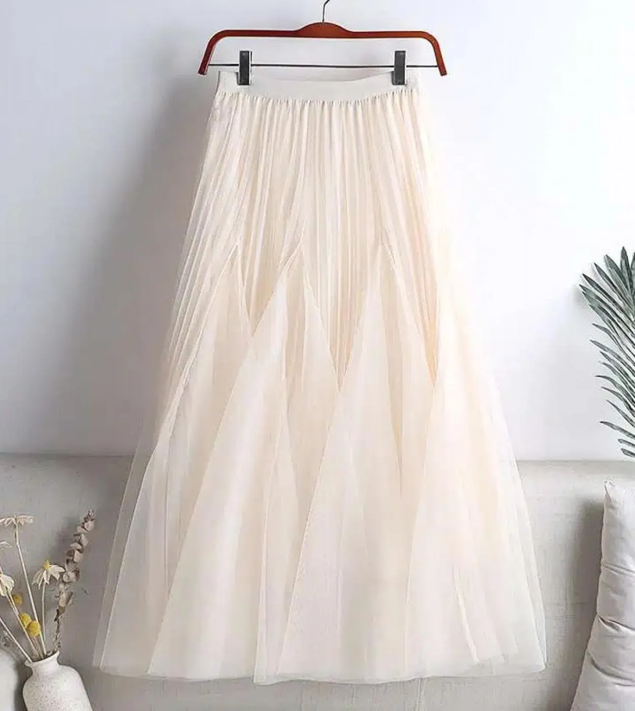 Moukyun Donna Vita alta Gonna a trapezio Primavera Estate Stile Elegante Gonna in pizzo 3 strati Mesh Tulle Gonne lunghe a piegh