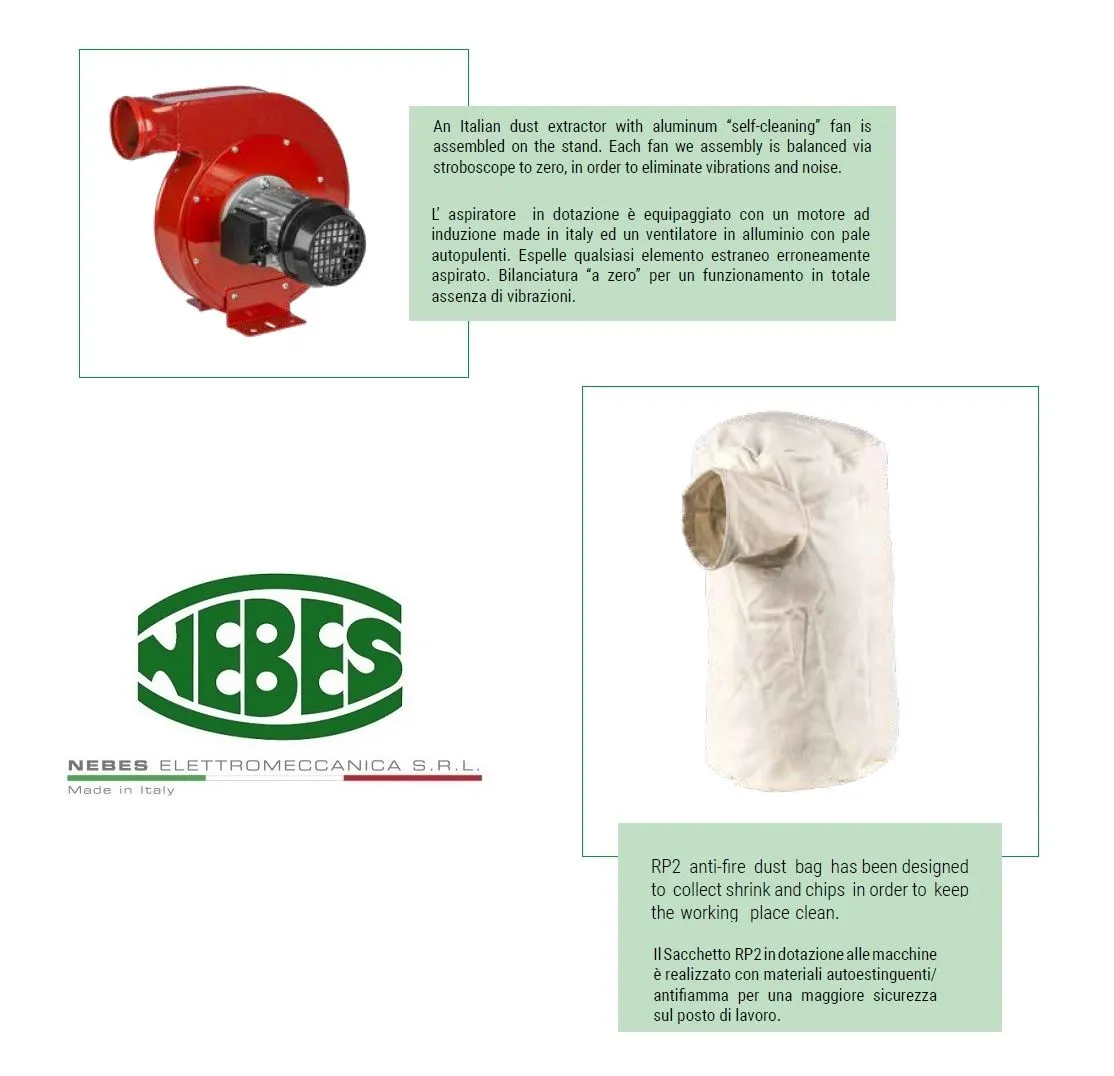 NEBES Elettromeccanica PA-10 Pulitrice industriale in Ghisa per spazzole 200x25x20mm con impianto aspirazione e colonna, motore 