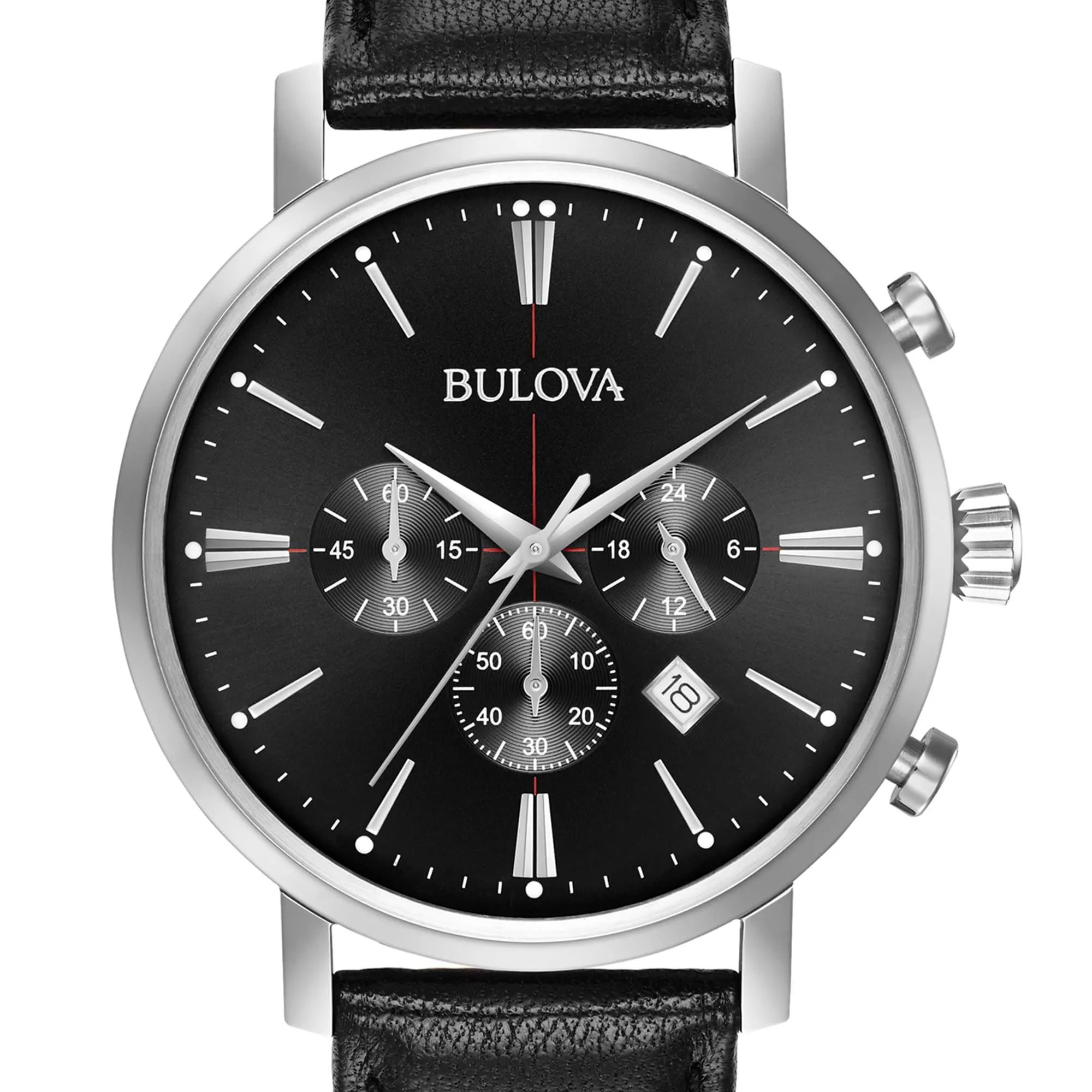 Orologio Al Quarzo Bulova Aerojet 96b262 Cronografo Cassa Rotonda Acciaio Argentato 41 mm Quadrante Nero Cinturino Pelle Nero