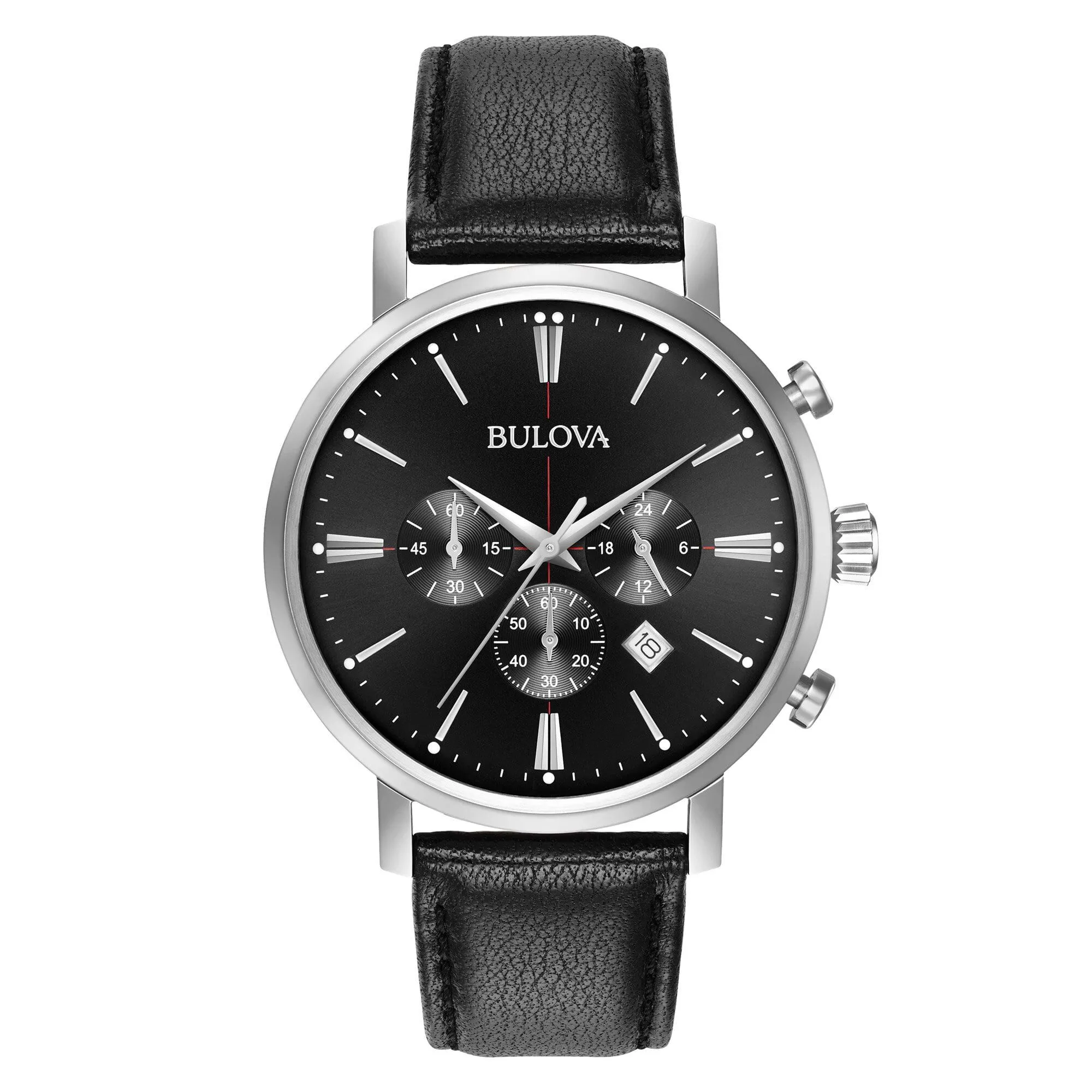 Orologio Al Quarzo Bulova Aerojet 96b262 Cronografo Cassa Rotonda Acciaio Argentato 41 mm Quadrante Nero Cinturino Pelle Nero