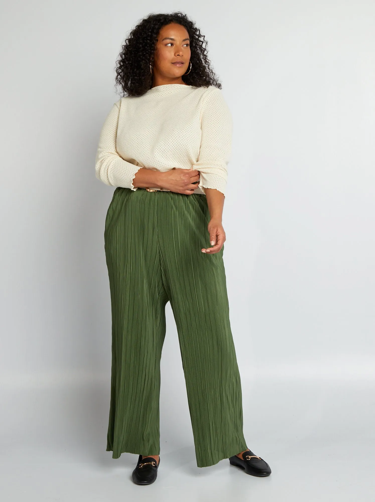 Pantaloni larghi in maglia plissettata - VERDE