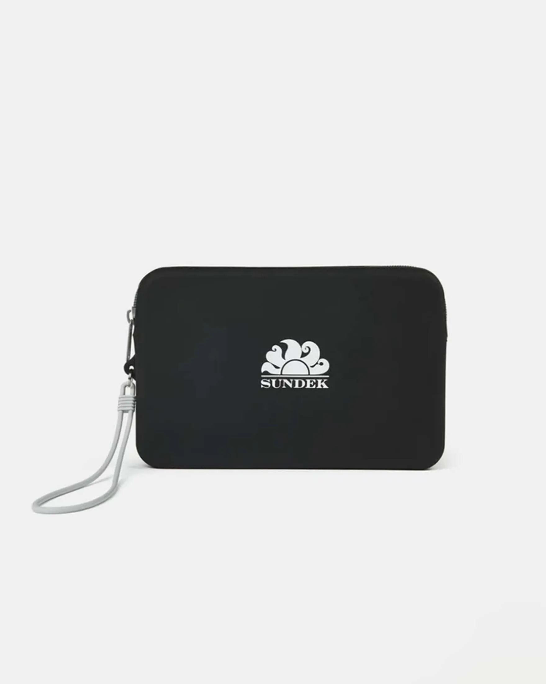 Pochette nera in gomma impermeabile con logo sole bianco in contrasto