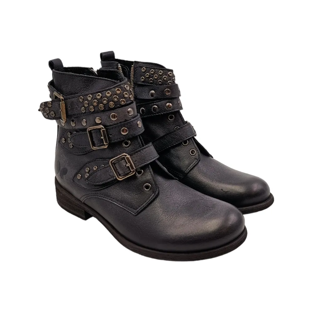 Polacchino con fibbie borchiate donna pelle Felmini 9910 lavado nero bomber