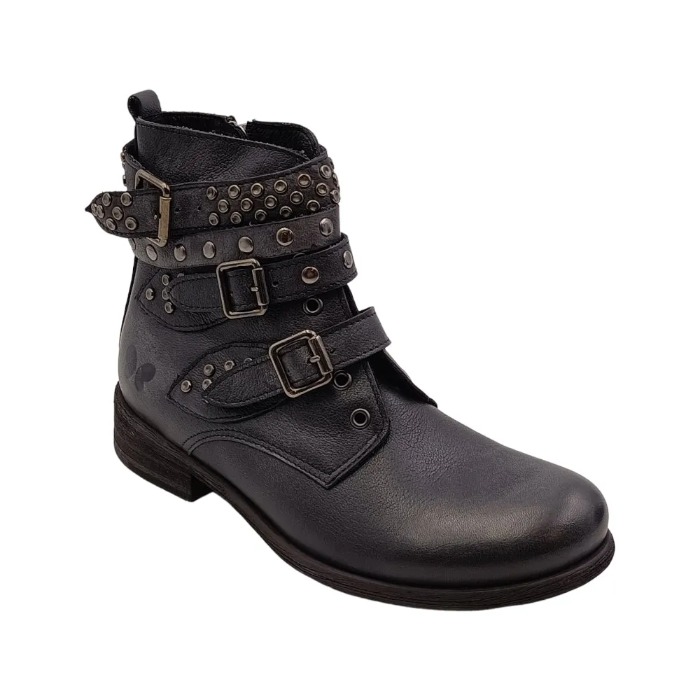 Polacchino con fibbie borchiate donna pelle Felmini 9910 lavado nero bomber