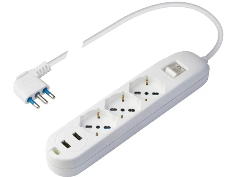 Presa multipla con 3 prese pluristandard, 2 USB 2.4 A e 1,5 m cavo