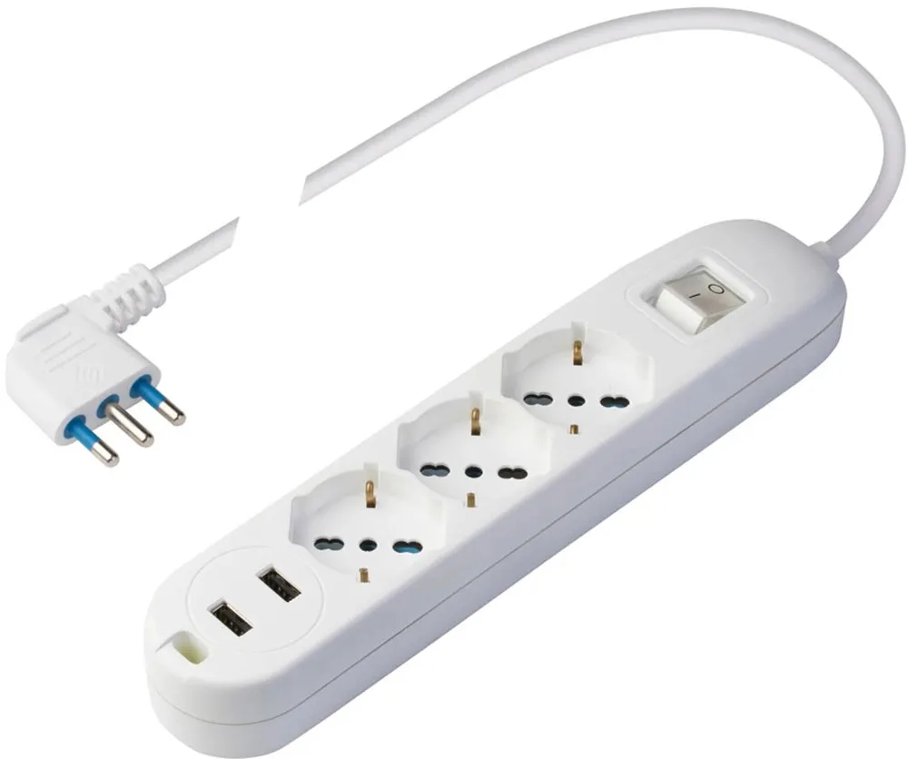 Presa multipla con 3 prese pluristandard, 2 USB 2.4 A e 1,5 m cavo