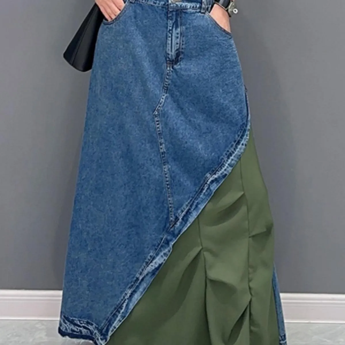 Qing Mo 2023 Nuovo stile estivo Casual Denim Color Block Gonna monopezzo Moda donna Gonna alla caviglia Zxf2974