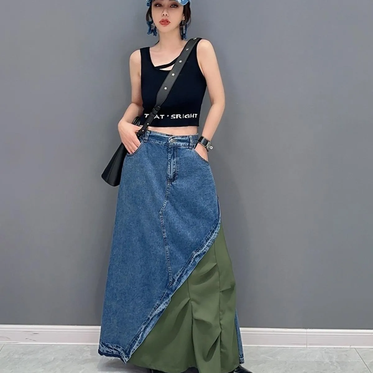 Qing Mo 2023 Nuovo stile estivo Casual Denim Color Block Gonna monopezzo Moda donna Gonna alla caviglia Zxf2974