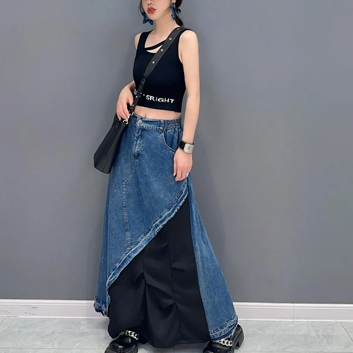 Qing Mo 2023 Nuovo stile estivo Casual Denim Color Block Gonna monopezzo Moda donna Gonna alla caviglia Zxf2974