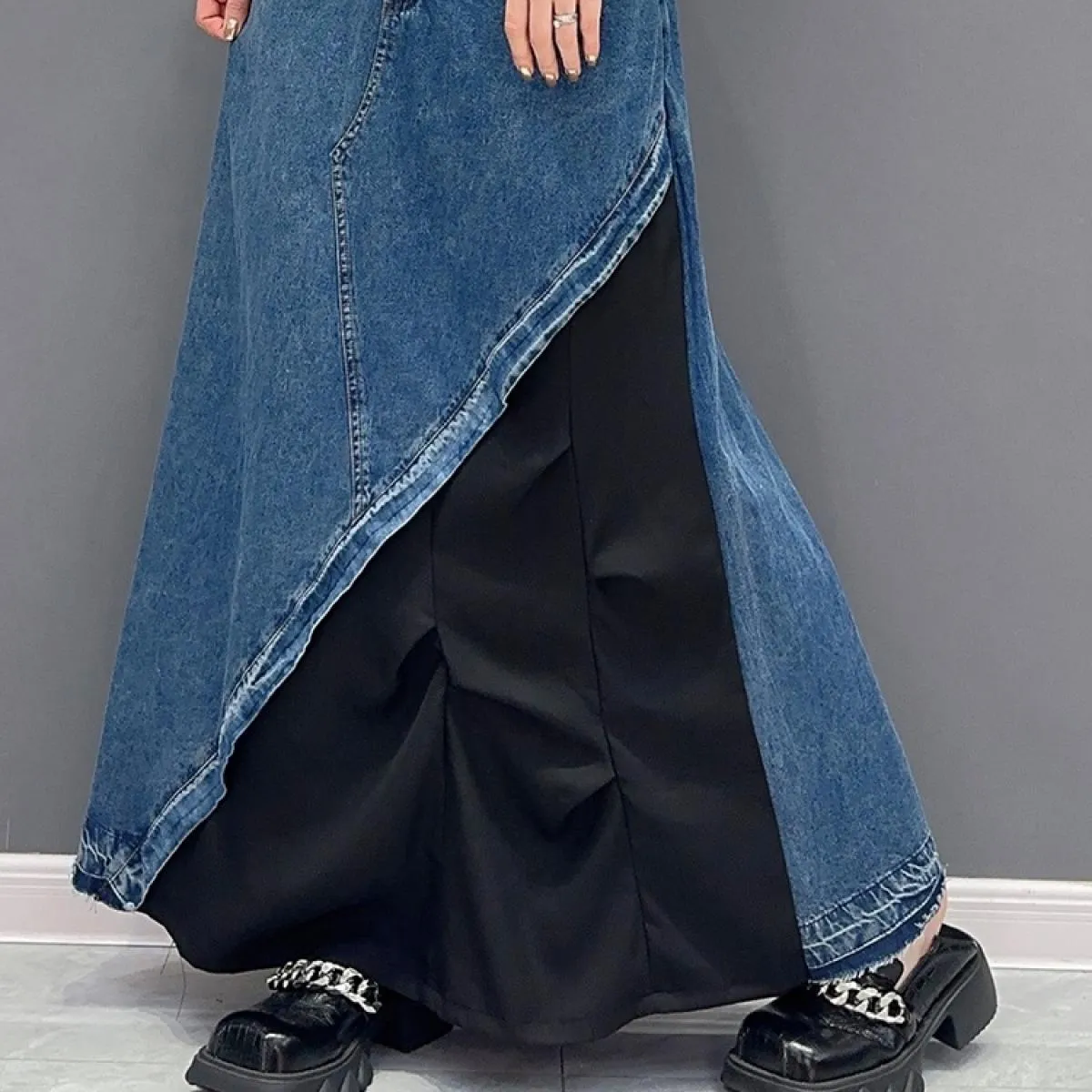 Qing Mo 2023 Nuovo stile estivo Casual Denim Color Block Gonna monopezzo Moda donna Gonna alla caviglia Zxf2974