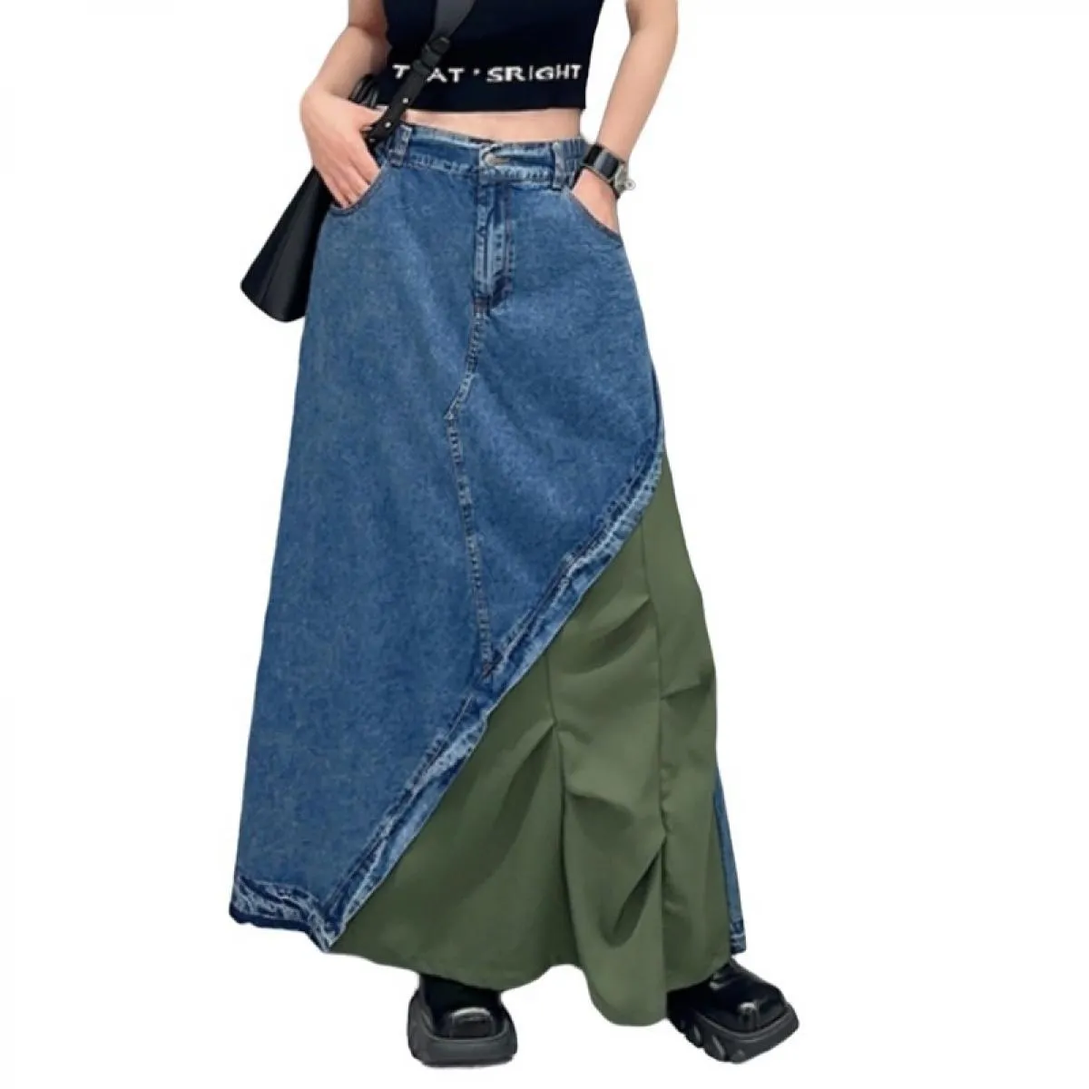 Qing Mo 2023 Nuovo stile estivo Casual Denim Color Block Gonna monopezzo Moda donna Gonna alla caviglia Zxf2974