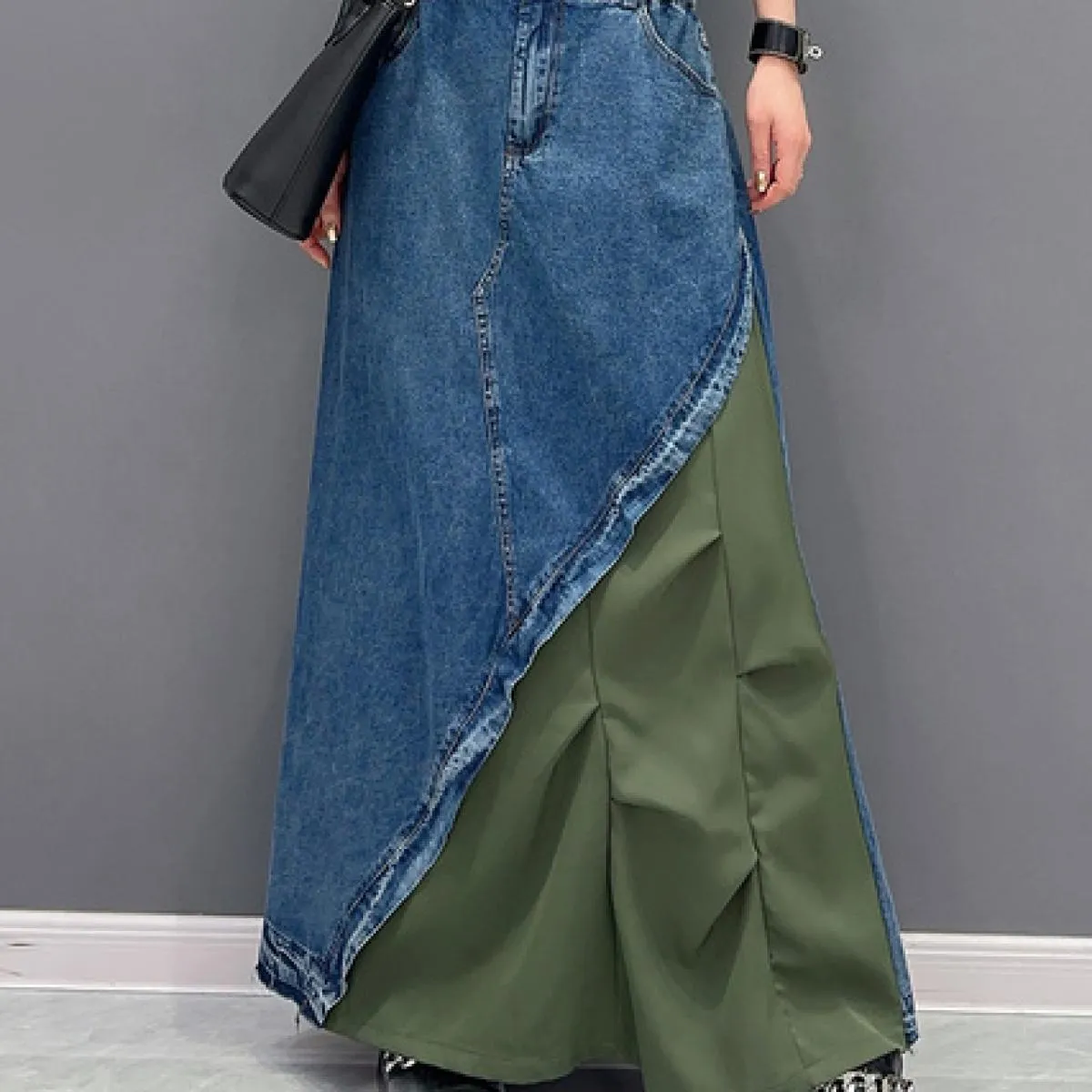 Qing Mo 2023 Nuovo stile estivo Casual Denim Color Block Gonna monopezzo Moda donna Gonna alla caviglia Zxf2974