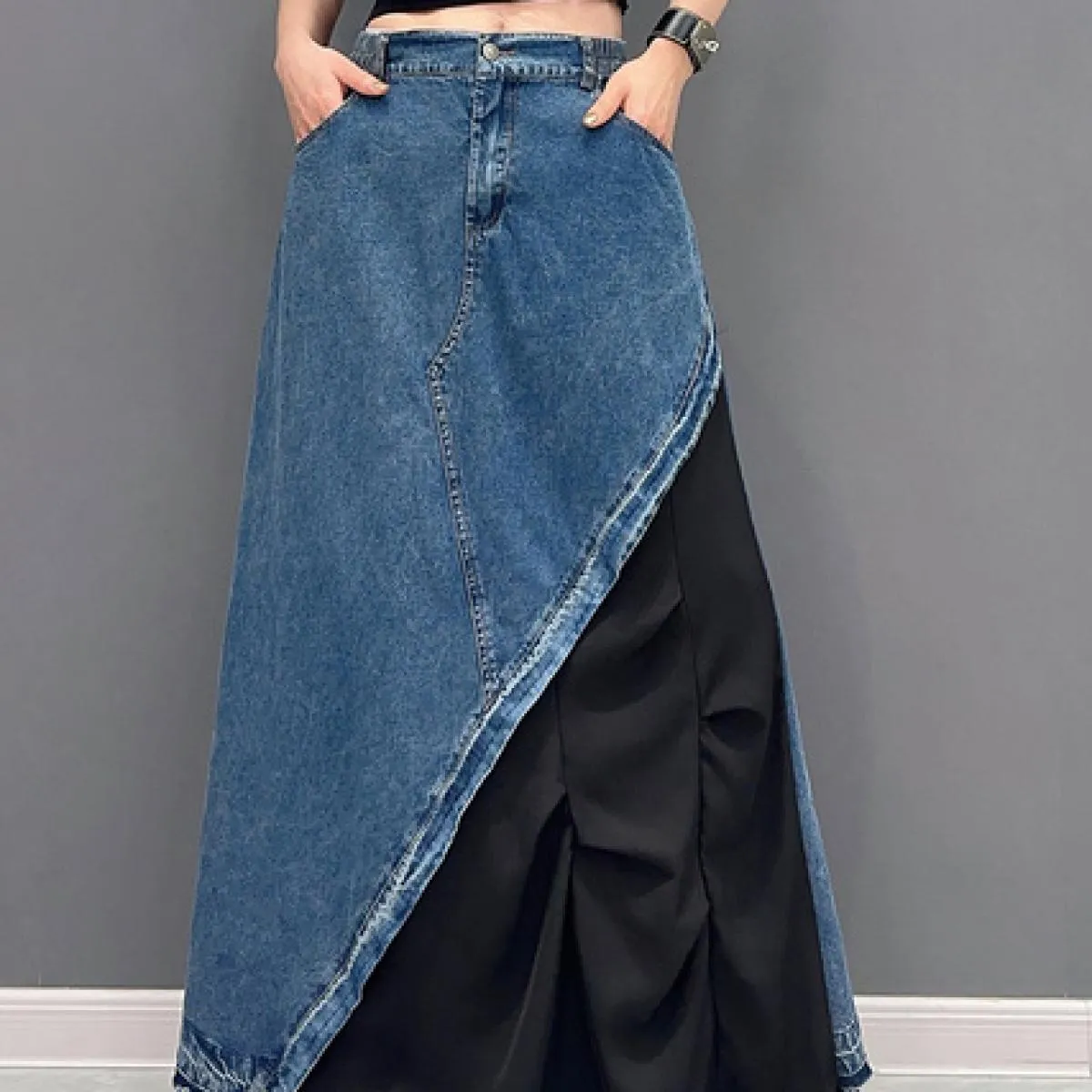 Qing Mo 2023 Nuovo stile estivo Casual Denim Color Block Gonna monopezzo Moda donna Gonna alla caviglia Zxf2974