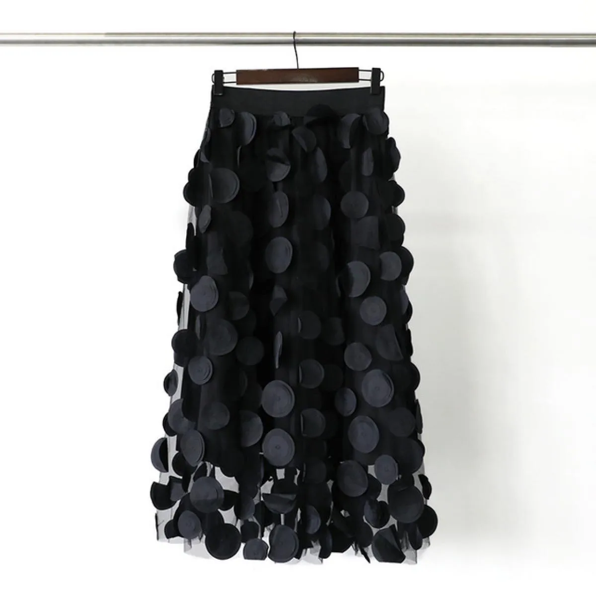 Qing Mo Piccolo Design Cuciture a rete Gonna rotonda tridimensionale Donna 2023 Estate Nuova gonna elastica in vita di media lun