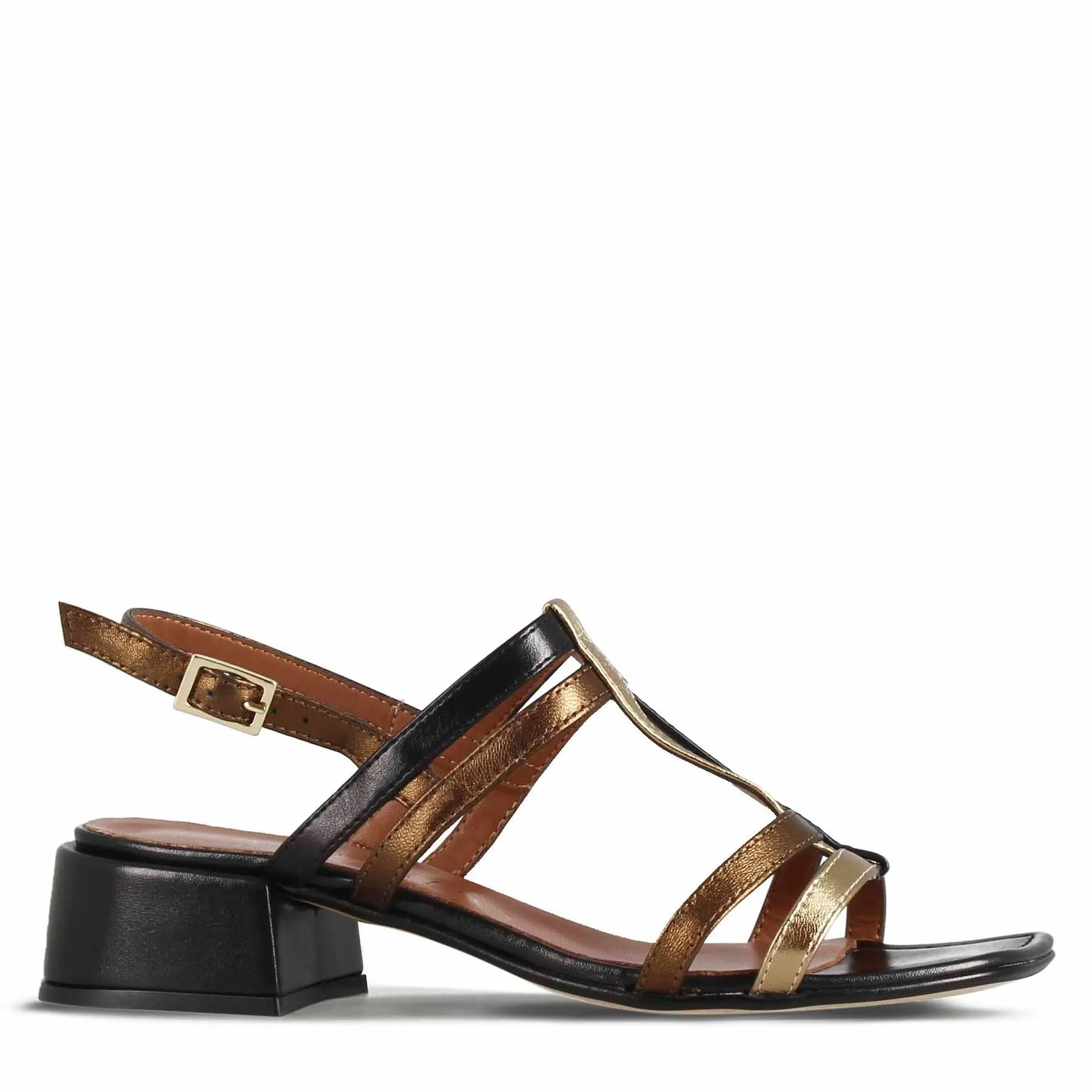 Sandalo da donna con fasce in pelle colore nero e oro