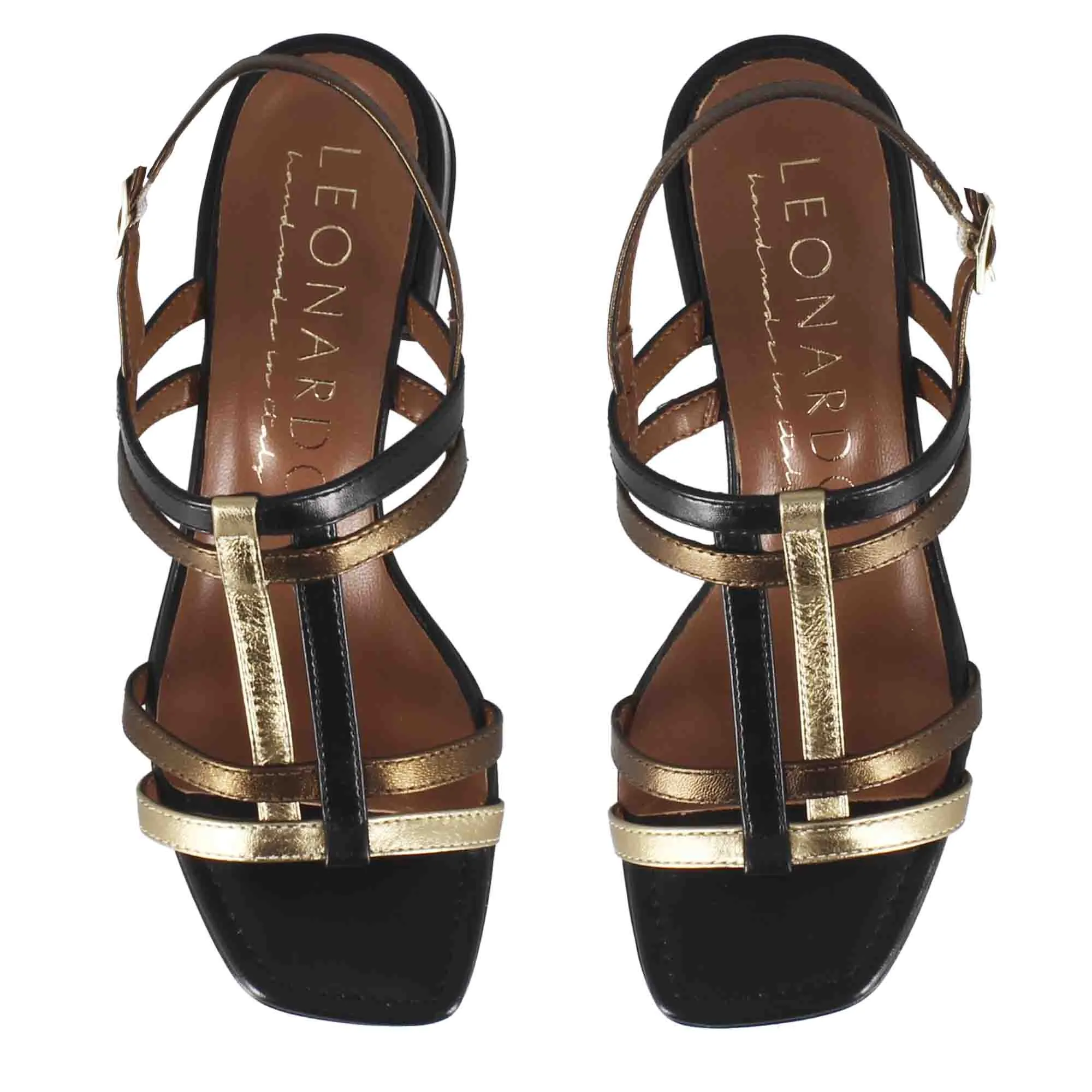 Sandalo da donna con fasce in pelle colore nero e oro