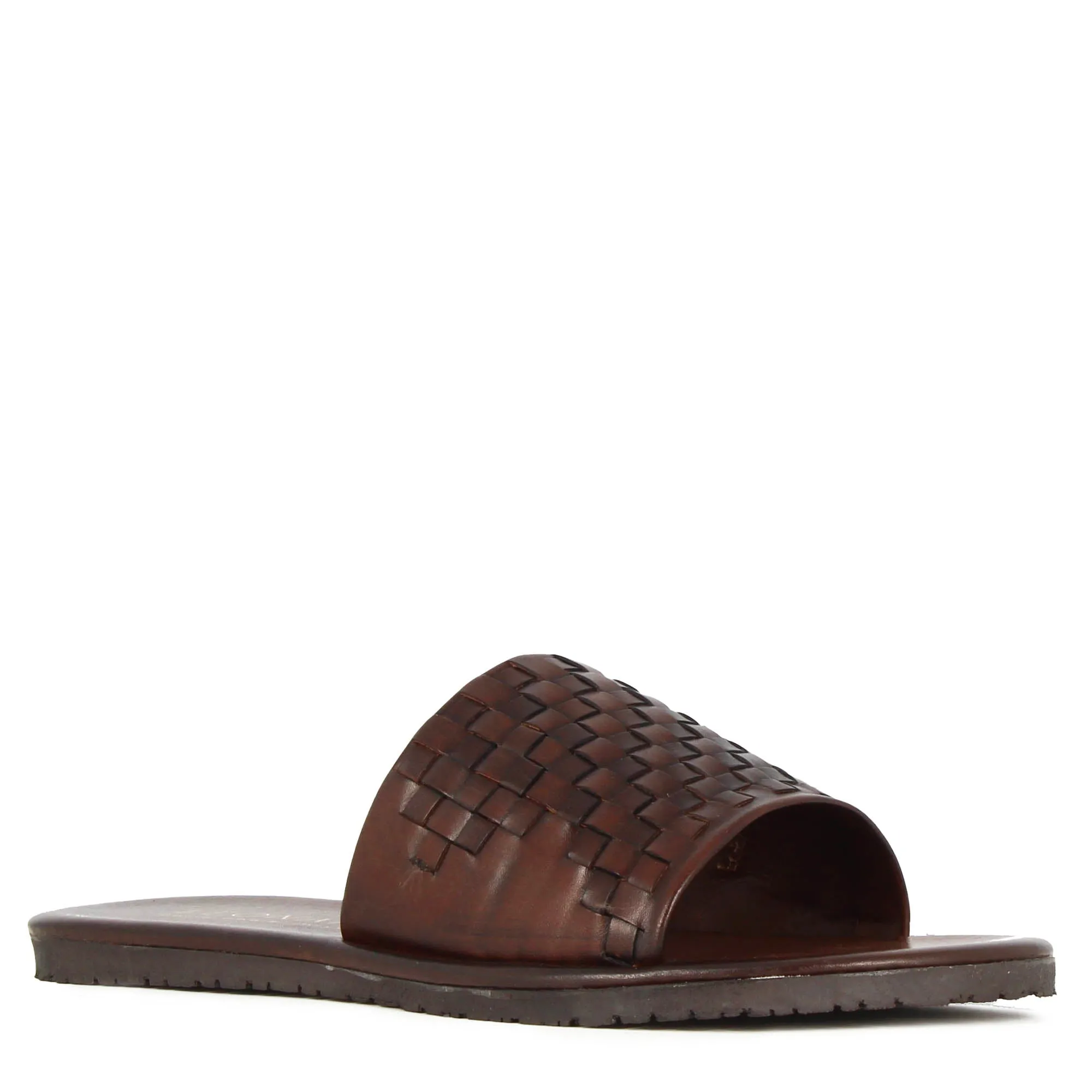 Sandalo slider da uomo con fascia in pelle intrecciata colore marrone