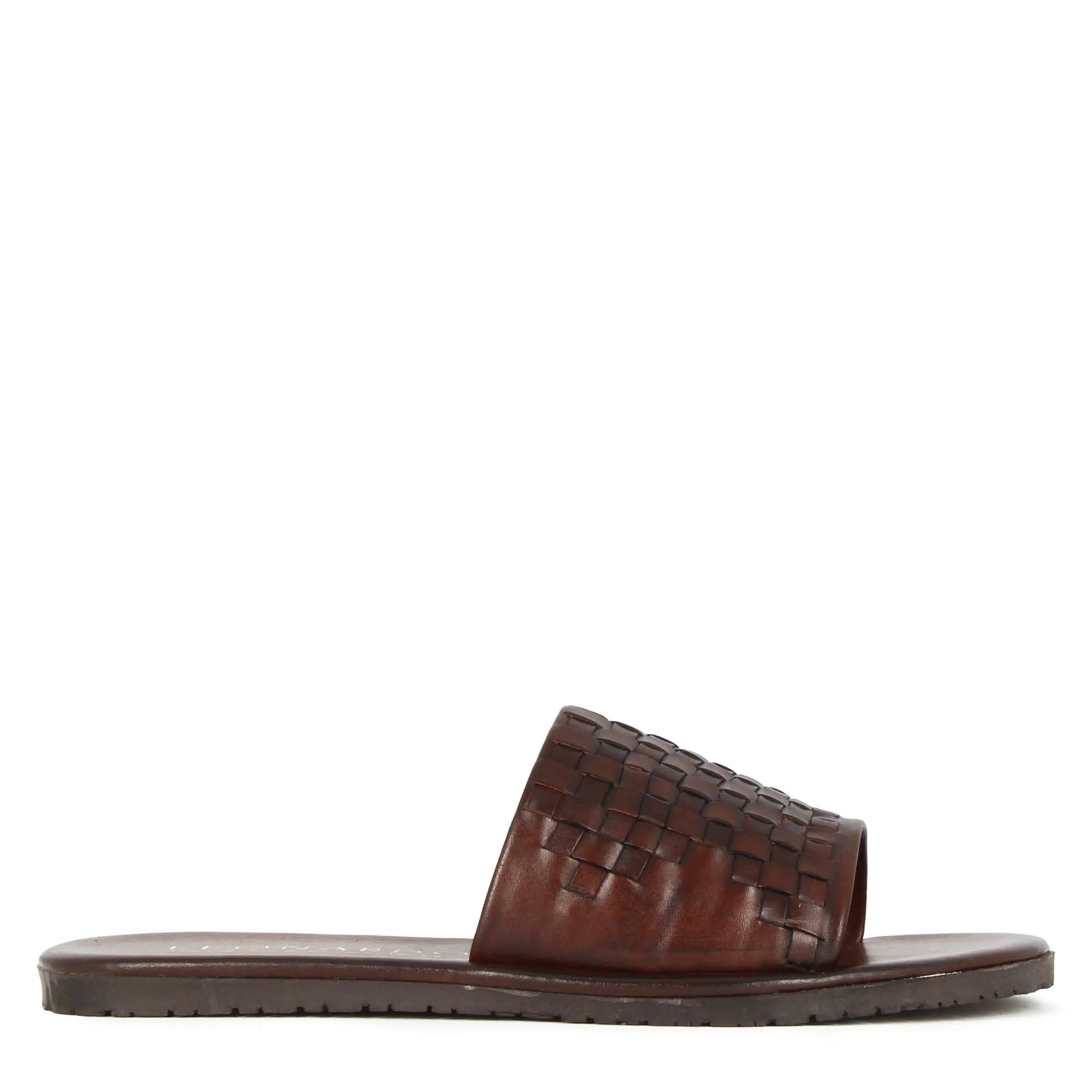 Sandalo slider da uomo con fascia in pelle intrecciata colore marrone