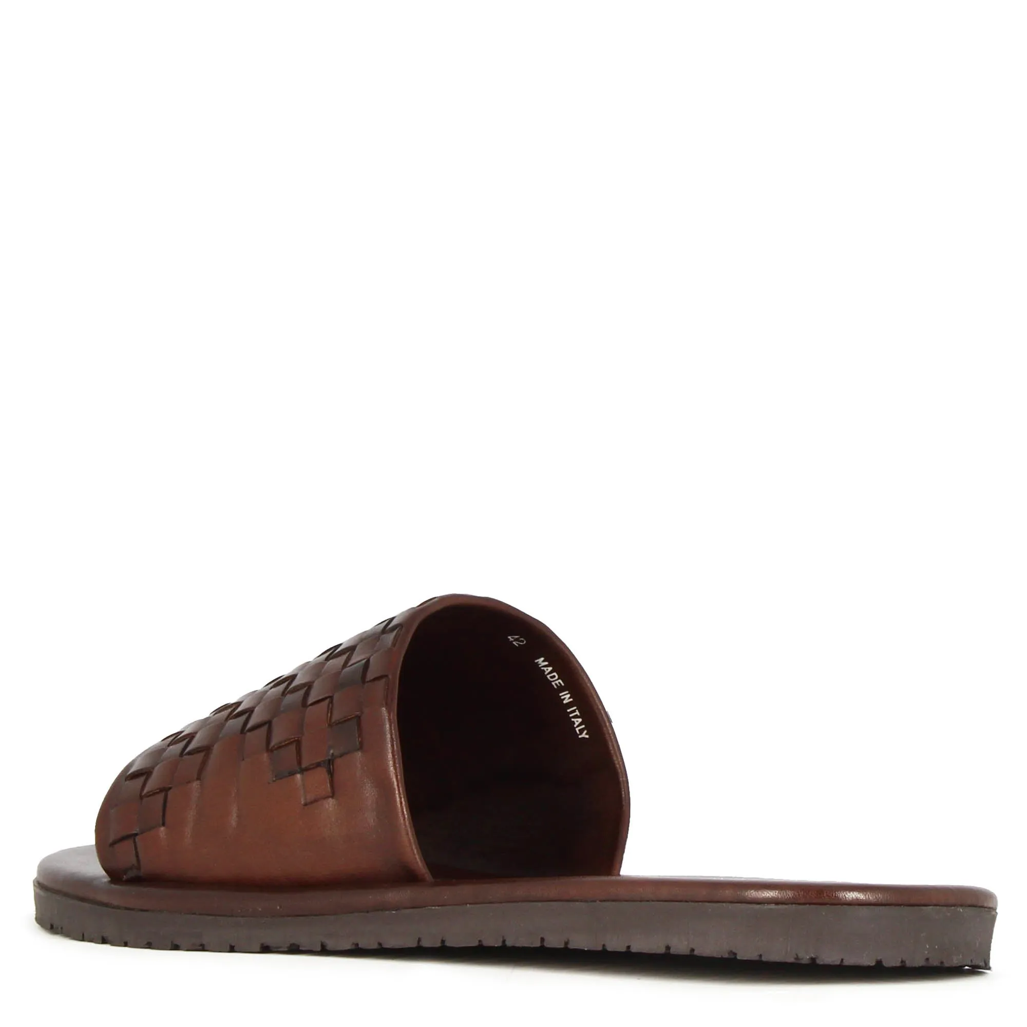 Sandalo slider da uomo con fascia in pelle intrecciata colore marrone