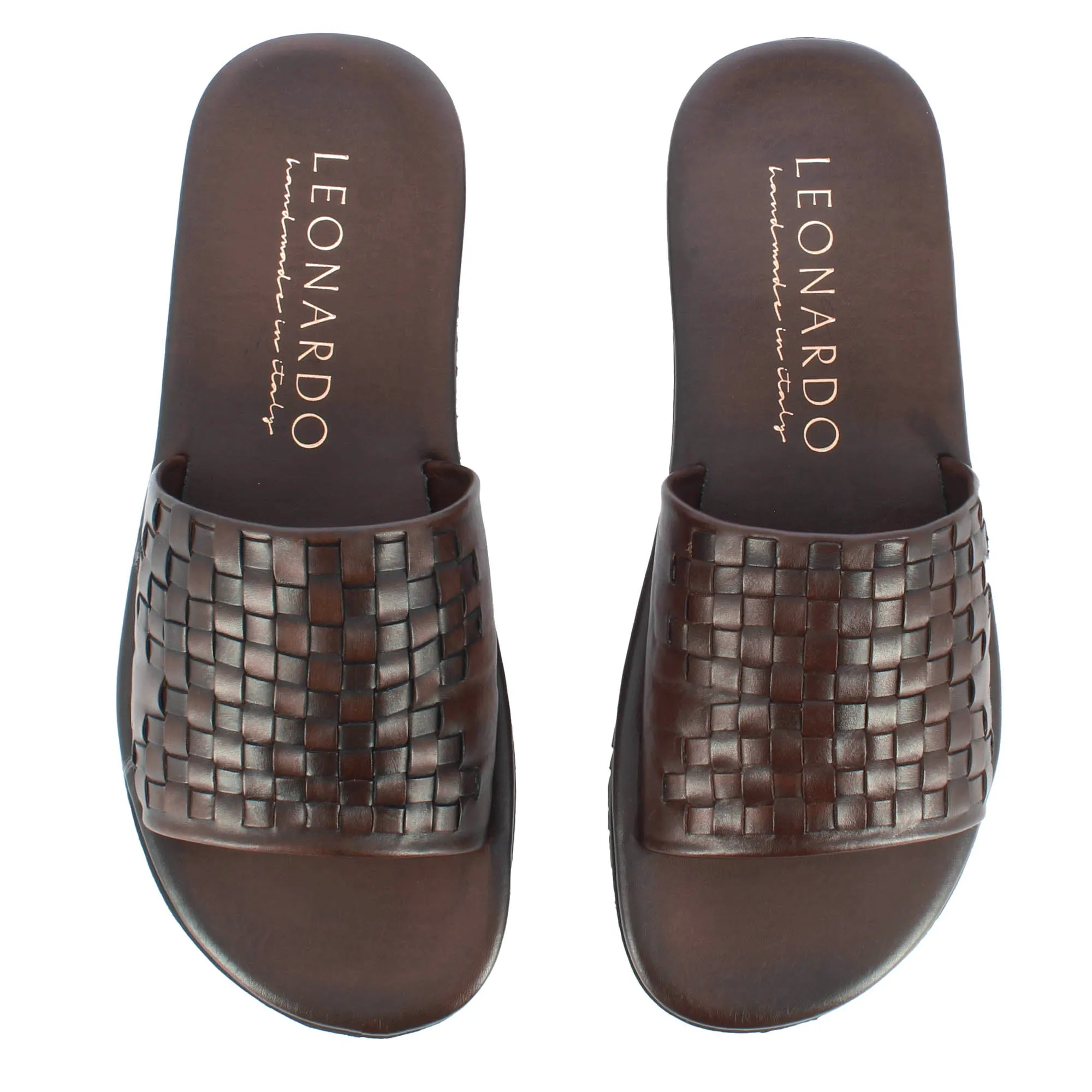 Sandalo slider da uomo con fascia in pelle intrecciata colore marrone