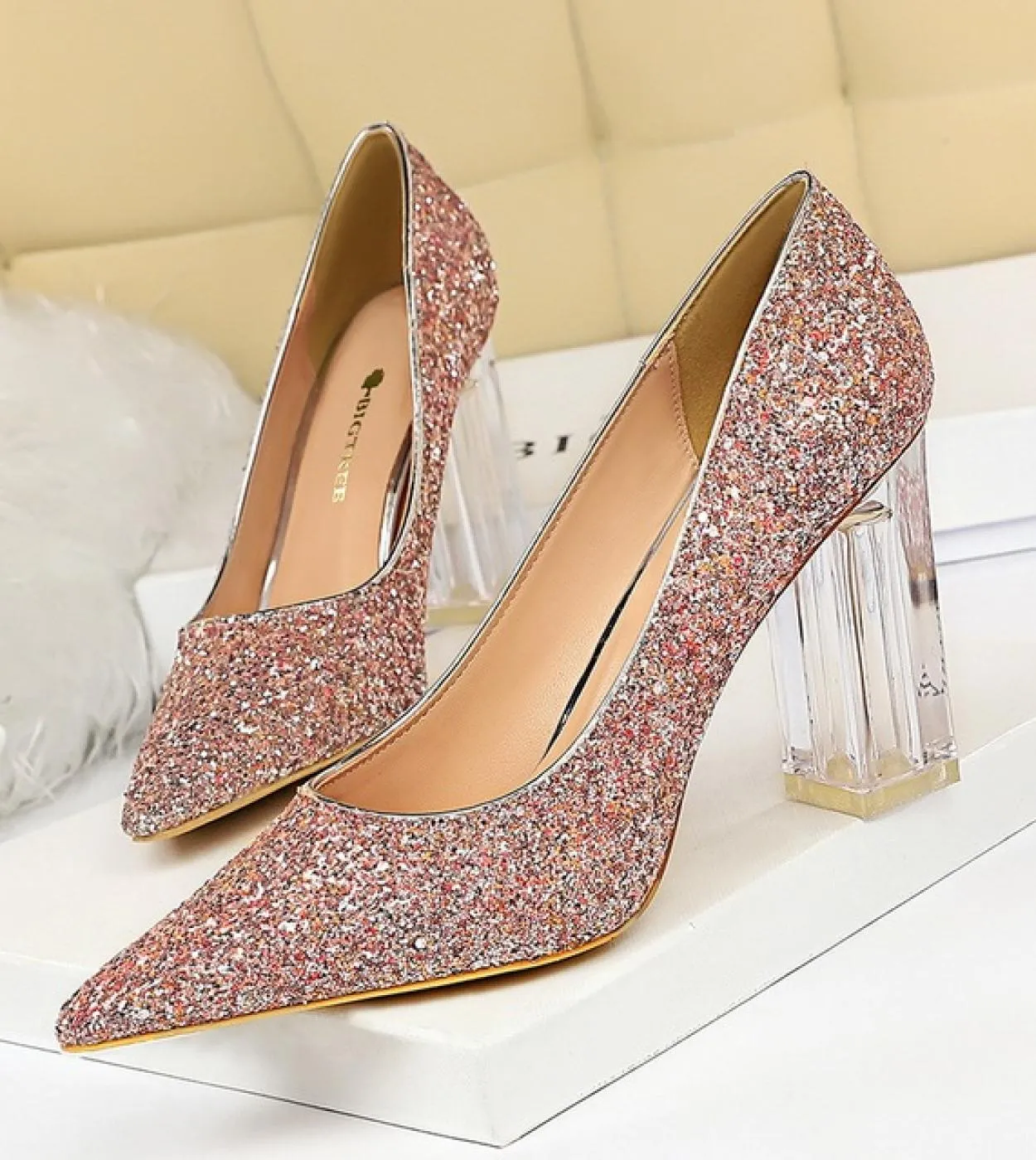 Scarpe con tacchi alti trasparenti Scarpe argento da donna Scarpe con tacco grosso Scarpe da sposa Décolleté dorati da donna