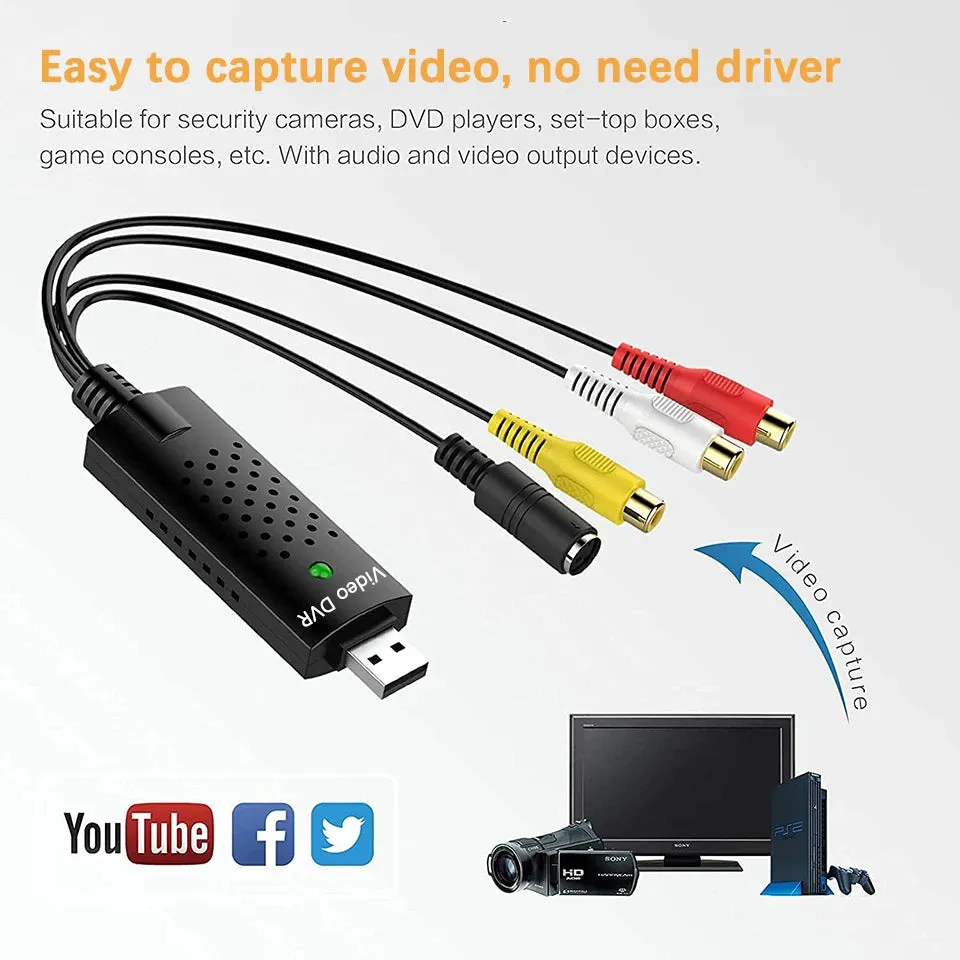 Scheda di acquisizione video USB Easy Cap VHS VCR Mini DV Hi8 Convertitore da DVD a digitale RCA/S-video a USB 2.0 Acquisizione 