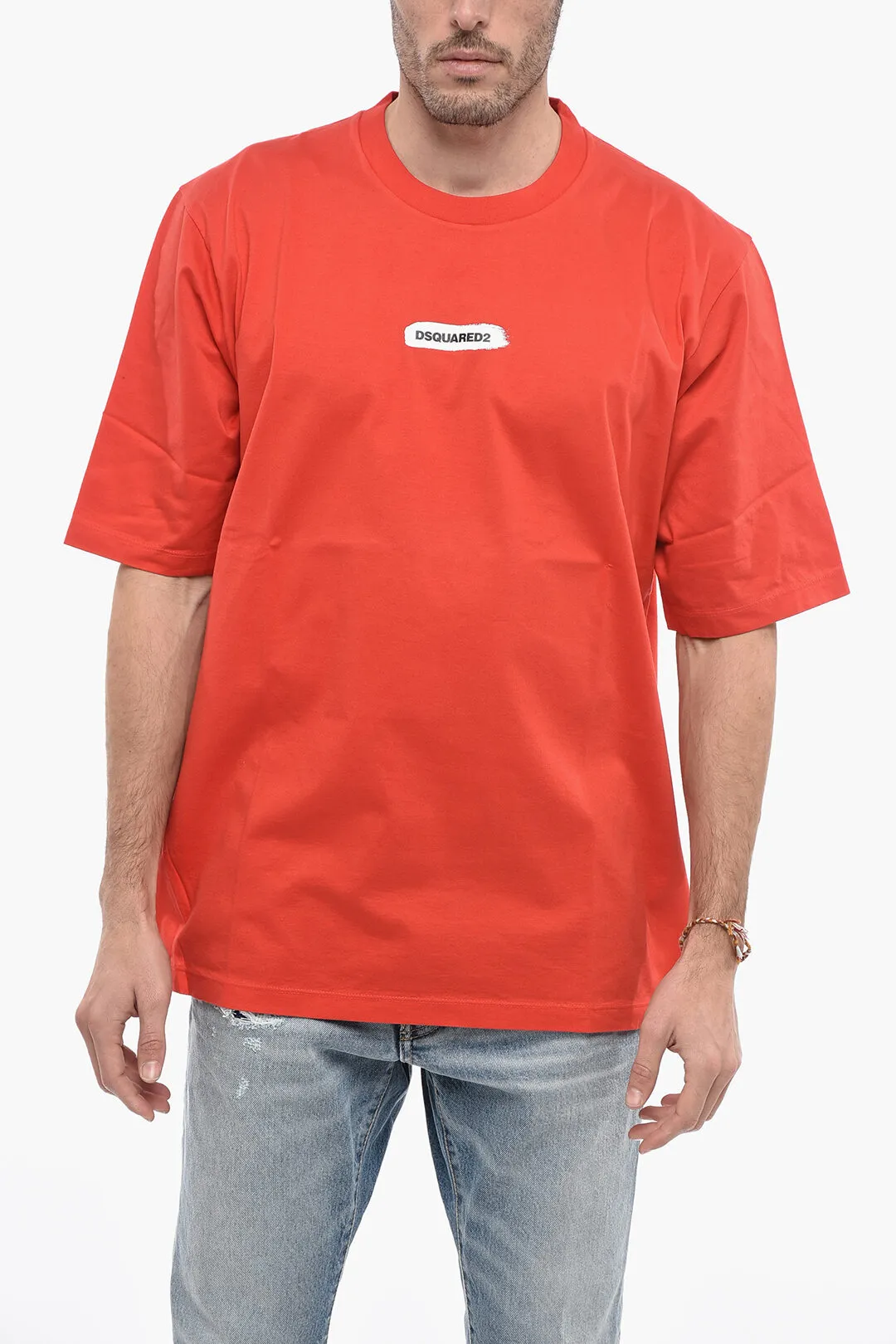 T-Shirt Girocollo in Cotone con Logo Effetto Vernice