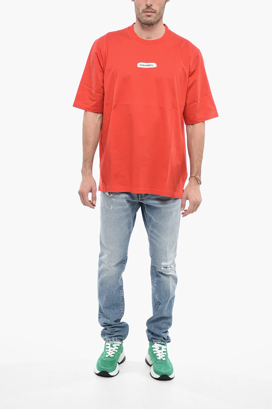 T-Shirt Girocollo in Cotone con Logo Effetto Vernice