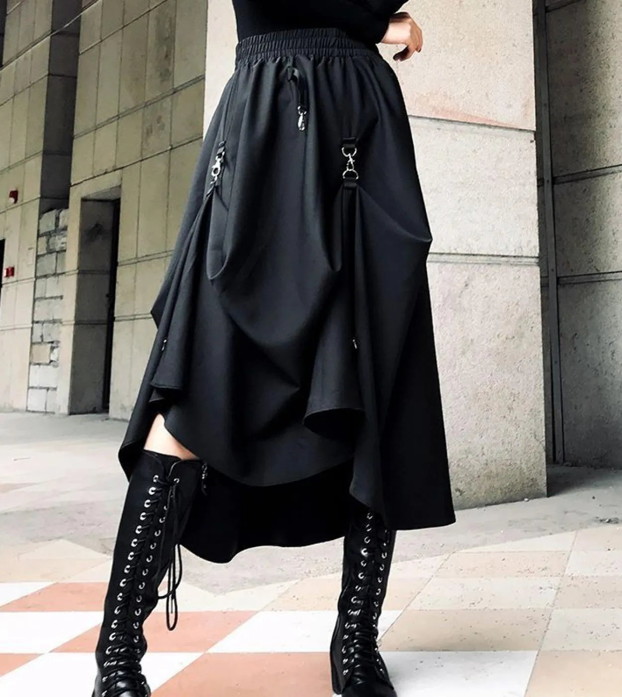 Taglie forti Gonne stile punk Harajuku Donna Fibbia a vita alta Gonna gotica irregolare Nero Hip Hop Streetwear Regola liberamen