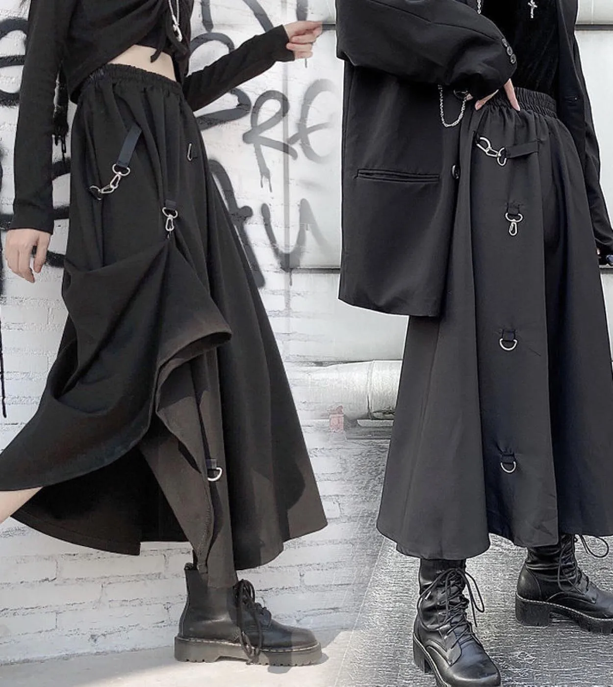 Taglie forti Gonne stile punk Harajuku Donna Fibbia a vita alta Gonna gotica irregolare Nero Hip Hop Streetwear Regola liberamen