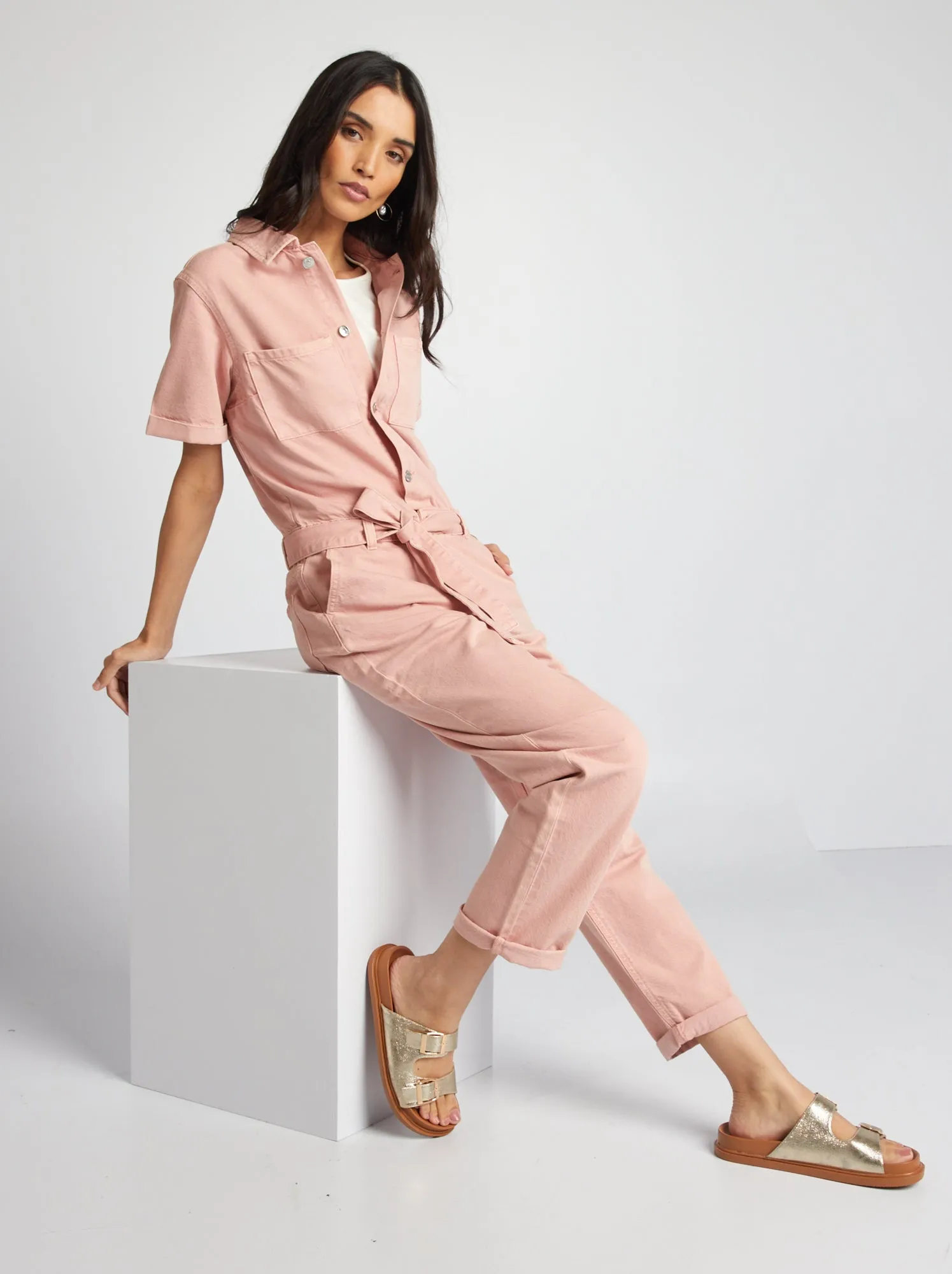 Tuta a maniche corte in jeans - ROSA