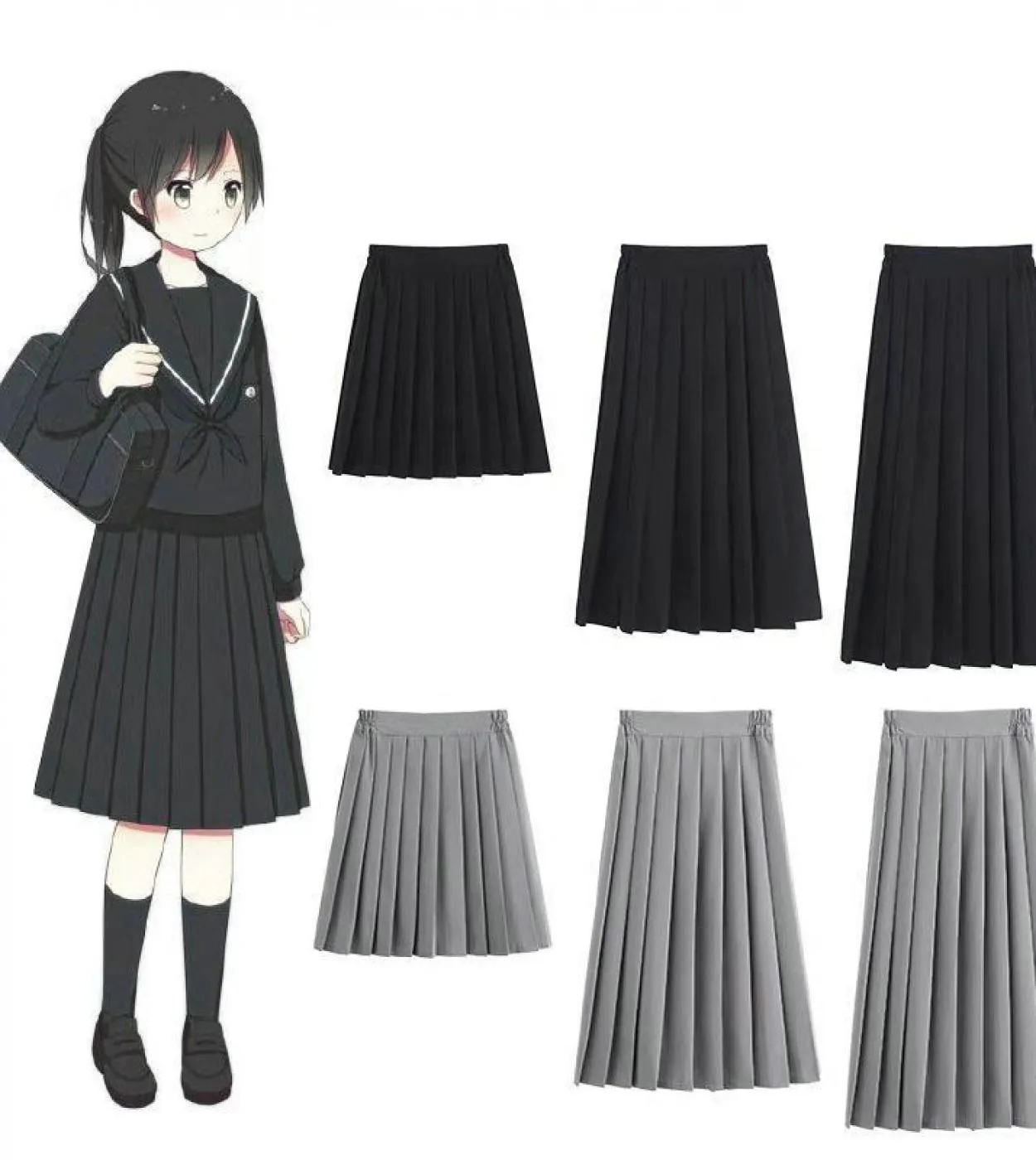 Uniformi scolastiche per ragazze Tuta plissettata tinta unita Nero Grigio Studente di scuola superiore Ragazze Pantaloni stile a