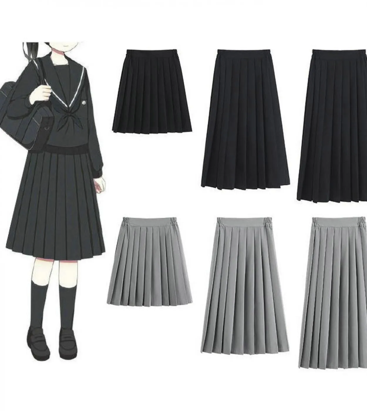 Uniformi scolastiche per ragazze Tuta plissettata tinta unita Pantaloni per ragazze studentesse di scuola superiore grigio nero
