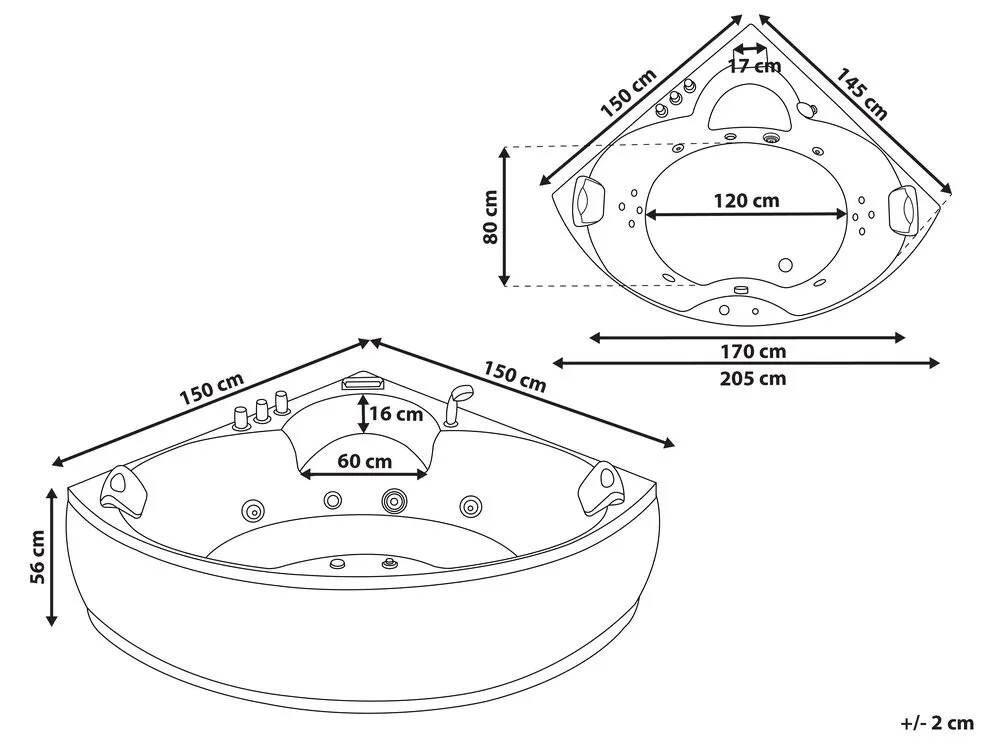 Whirlpool Corner Bath with LED 2500 x 1500 mm White SENADO